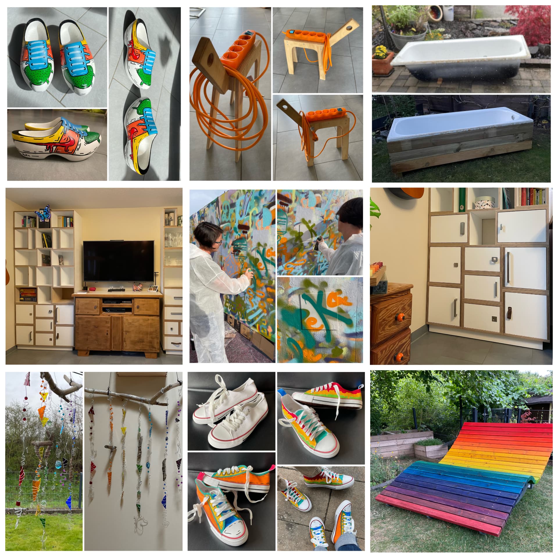 Collage: bemalte Schuhe, Werkzeug-Hocker, Badewannen-Hochbeet, Graffiti-Wand und Holzmöbel