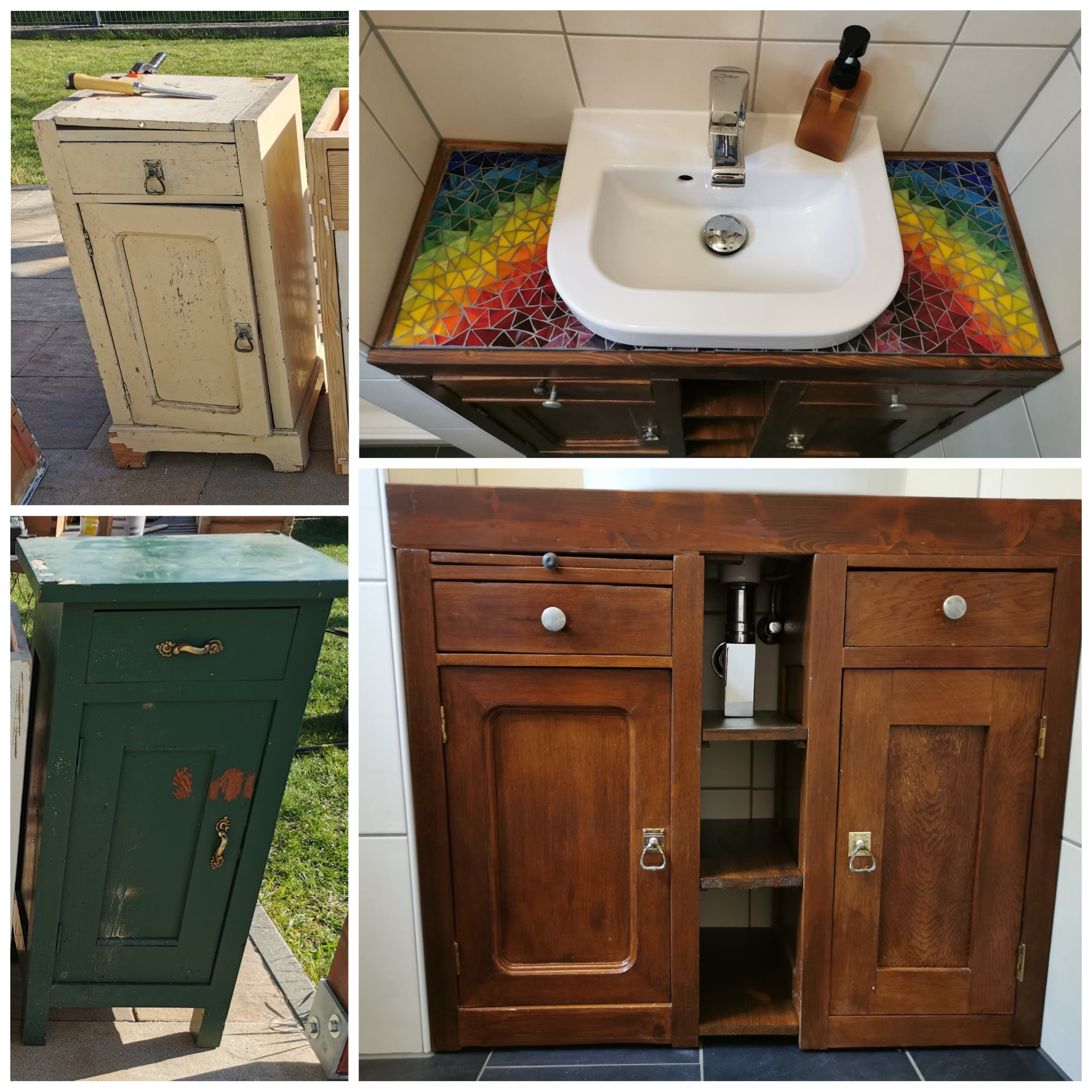 Vorher-Nachher: zwei alte Nachttische werden zum Waschtisch mit buntem Tiffanyglas-Mosaik